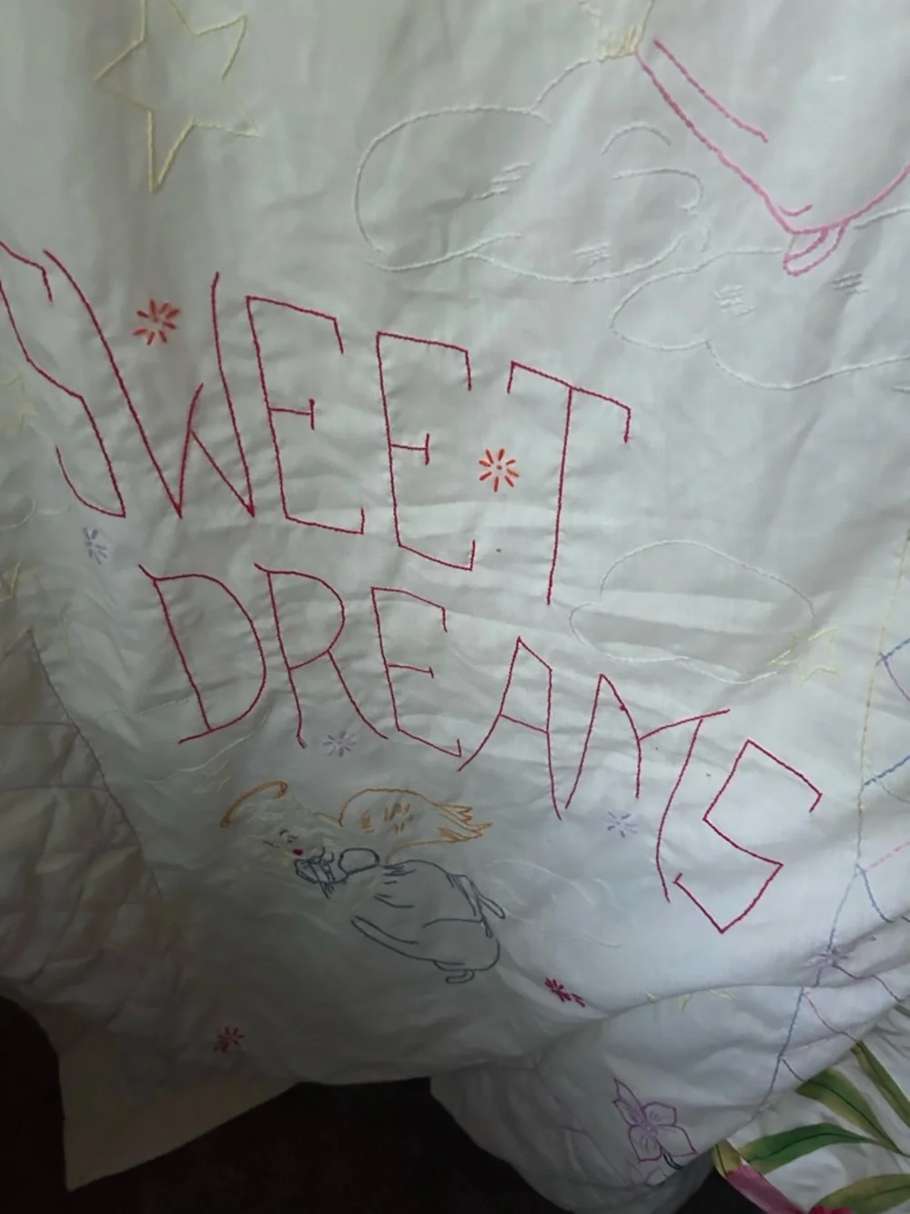 Vintage White Quilt with Pink and Green Embroidery